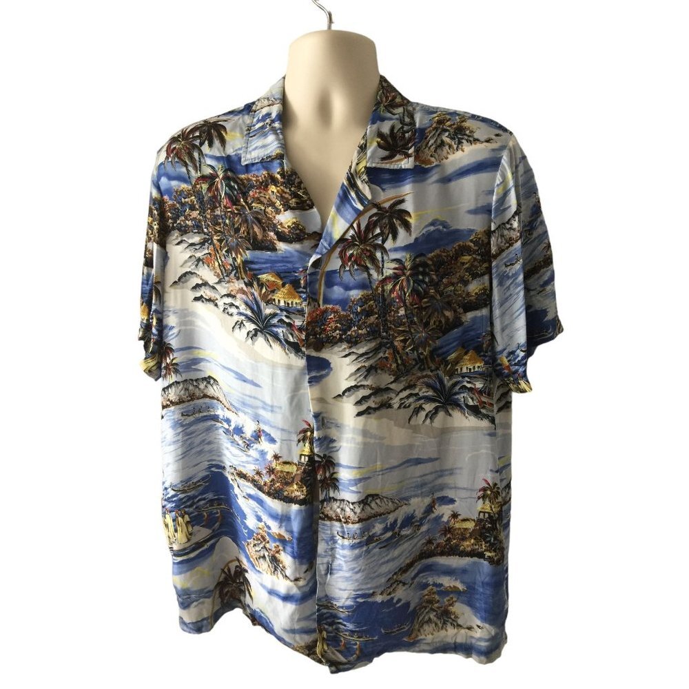 VTG Casual Wear Hawaii USA Blue Tropical Hawaiian Shirt Button Down Top Large L